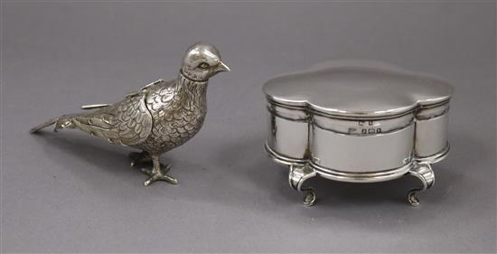 An early 20th century silver pheasant pepperette and a silver trinket box, pepperette 66mm.